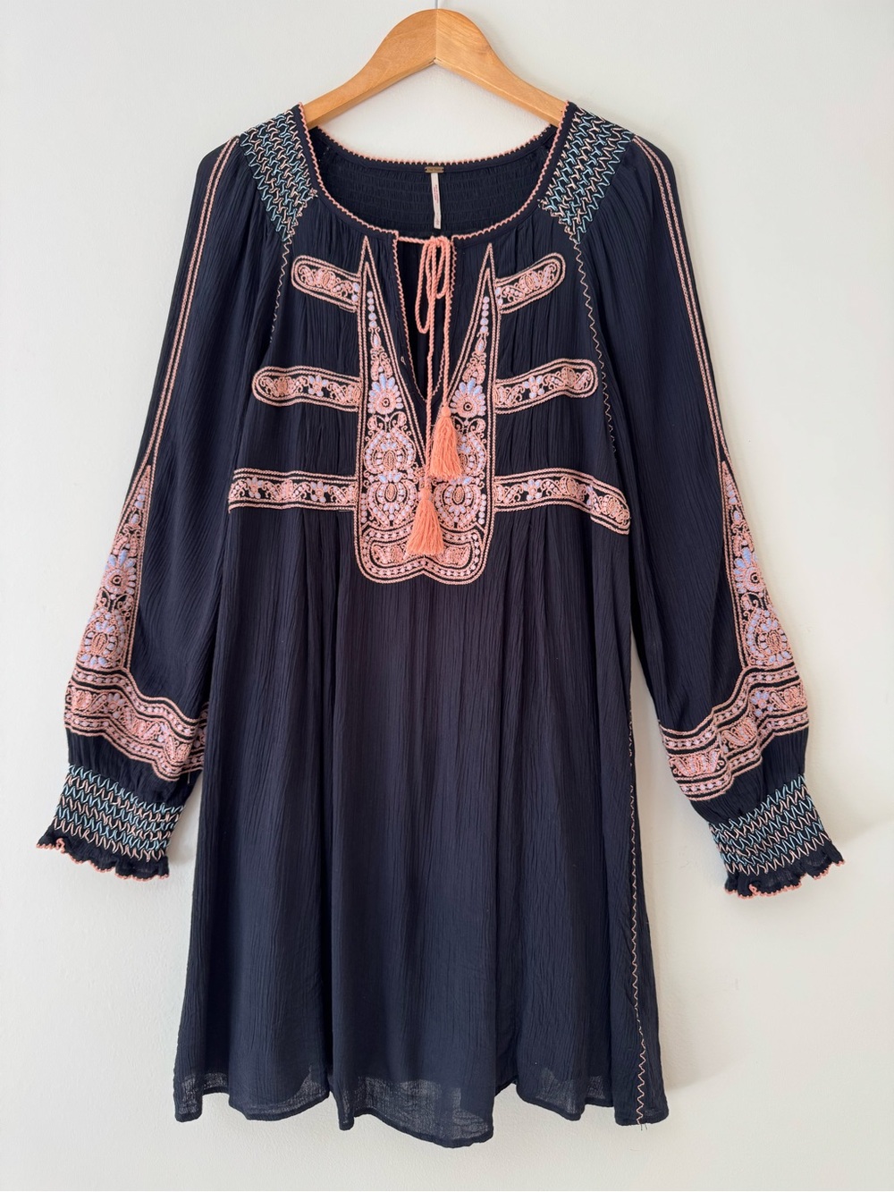 Free People Wind Willow Embroidered Mini Dress Black Pink Boho Tassel Tunic L